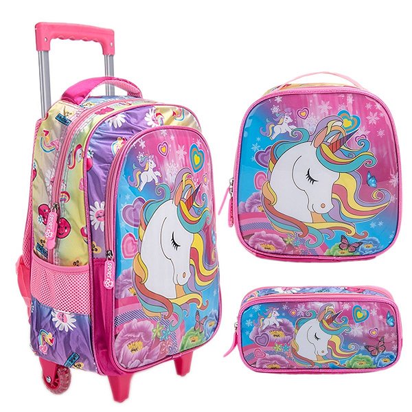Kit Mochila Escolar Infantil Menina Unicornio Com Rodinhas