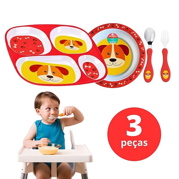Kit Refeição Infantil Com 3 Peças Prato Com Divisorias