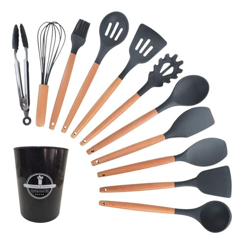Jogo 11 Colheres De Silicone Cabo Madeira Utensílios Cozinha