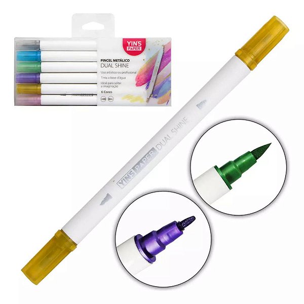 Caneta Brush Pen Duas Pontas Dual Tip Com 6 Cores Metálicas