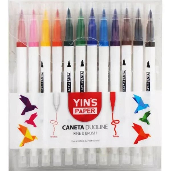 Caneta Marcador Brush Pen 12 Cores Duas Pontas Pincel Fina
