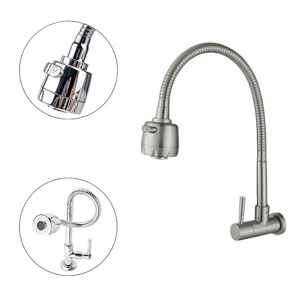 Torneira Gourmet Flexível De Parede Metal Inox Cozinha Gourmet Chuveirinho Cozinha Parede