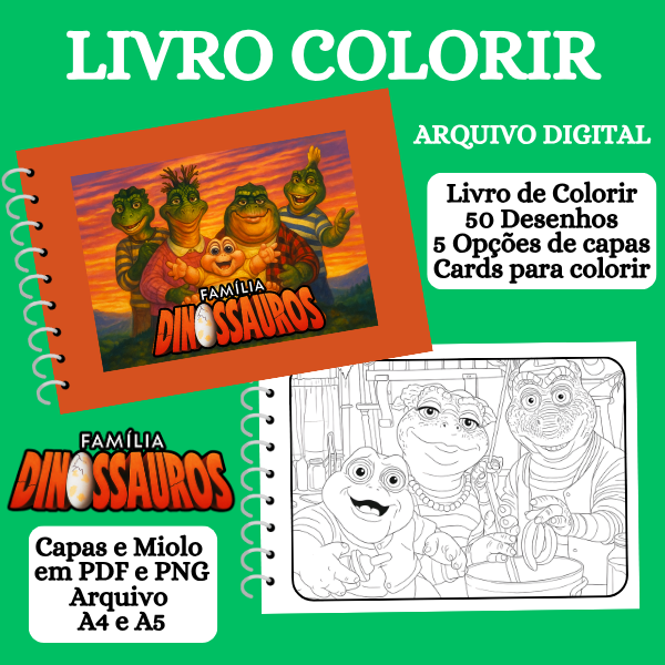 LIVRO DE COLORIR FAMÍLIA DINOSSAURO – Arquivo em PDF para Impressão
