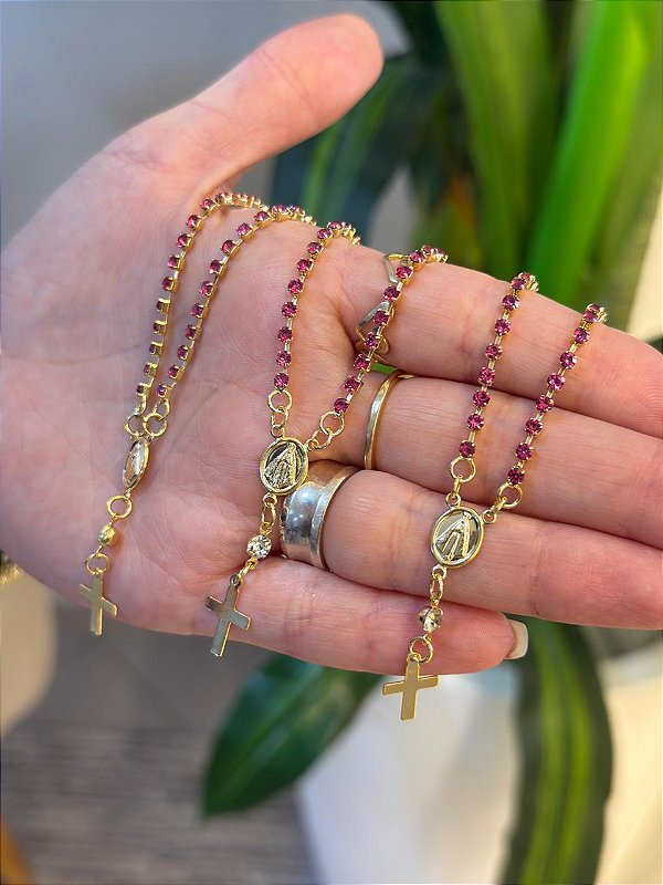 PULSEIRA TERÇO CRAVEJADO - BANHADO A OURO