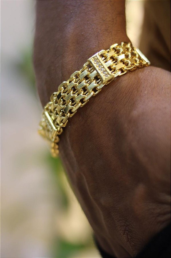 PULSEIRA ESTEIRA CADEADO CRAVEJADA DE 17mm (NINO ABRAVANEL) - BANHADA A OURO