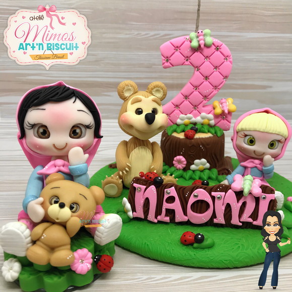 Topo Cenário Menina e Urso com Nome + Mini Topo