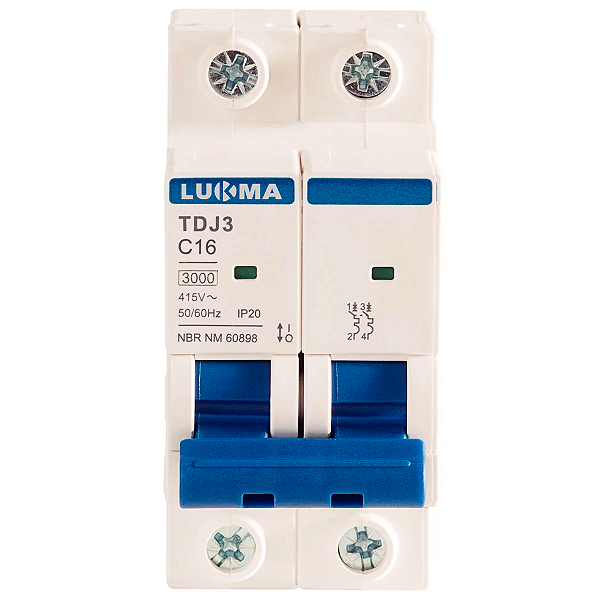 Disjuntor Bipolar 63A Curva C Lukma C63 Mini DIN 3kA