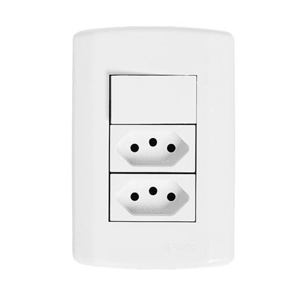 Interruptor 1 Tecla Simples + 2 Tomada 10A 2P+T Linha Modular Pluzie