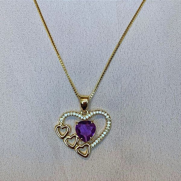 Colar Ametista  Joia Banhado a Ouro - Corações