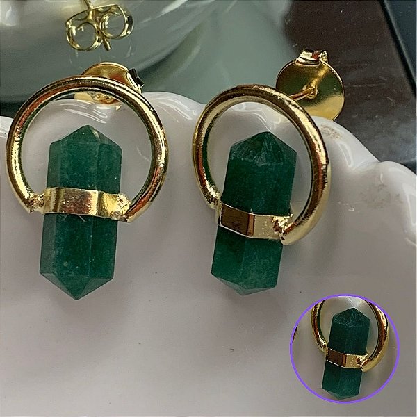 Brinco Quartzo Bruto Verde Banhado Ouro - Ponta Biterminada