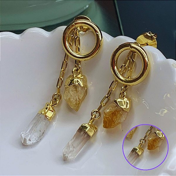 Brinco de Cristal e Citrino Joia Banhado Ouro