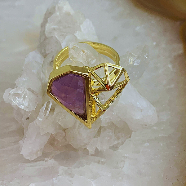 Anel Coração de Ametista em Pedra Bruta Banhado Ouro