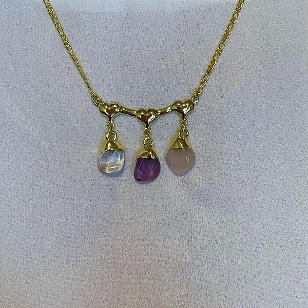 Colar de 3 Pedra  Quartzo rosa, Roxo e Cristal corrente  Banhado Ouro