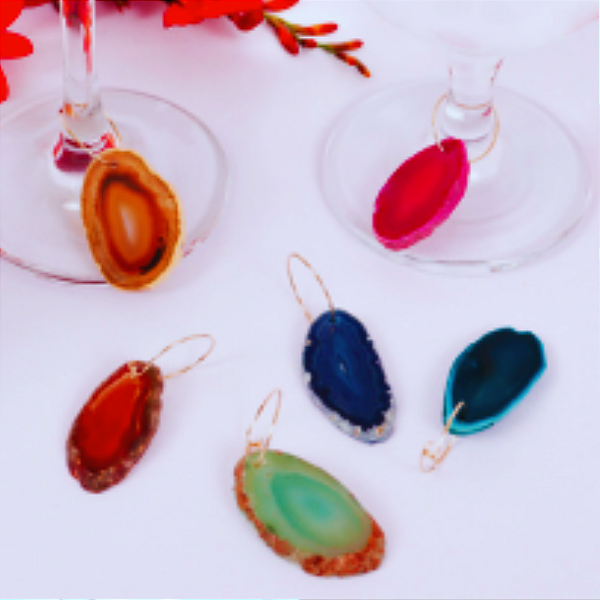 MARCA TAÇA PEDRA  ÁGATA NATURAL - COLORIDA BORDA DOURADA