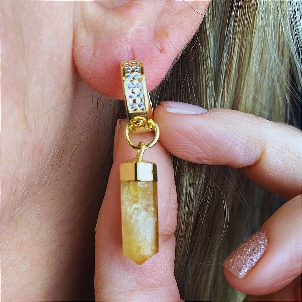 Brinco de Citrino Joia Banhado Ouro