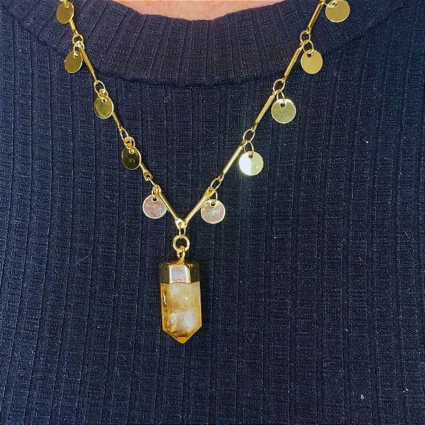 Colar com medalhas de Citrino Joia Banhado Ouro