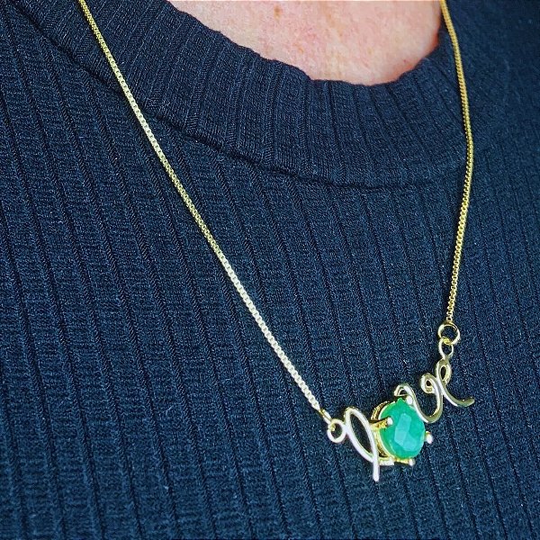 Colar de Quartzo  Verde Banhado a Ouro - Love