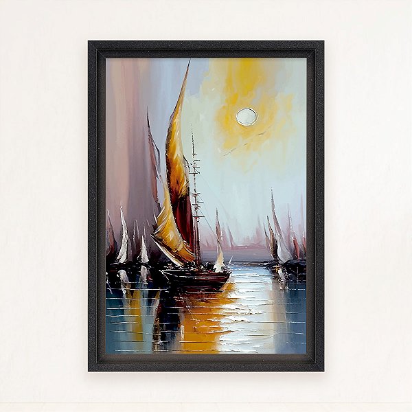 "Veleiros ao Pôr do Sol"- Quadro em Canvas com moldura flutuante.