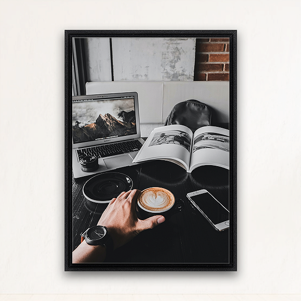 "Café e Inspiração"- Quadro em Canvas com moldura flutuante.