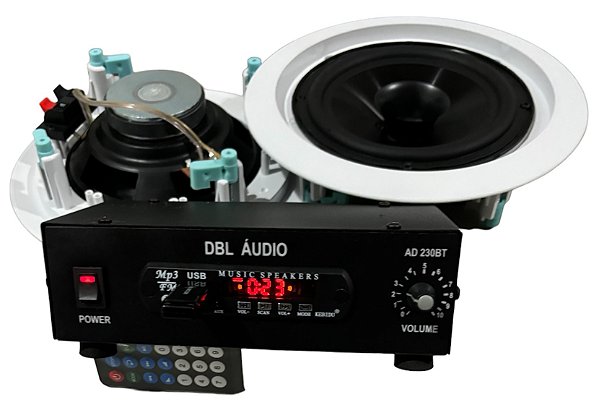 KIT AMPLIFICADOR MARCA DBL ÁUDIO DIGITAL AD 230 BT + 02 CAIXAS DE SOM DE EMBUTIR DE 6 POLEGADAS - ARANDELA DE SOM