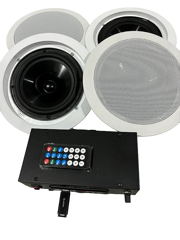 KIT AMPLIFICADOR MARCA DBL ÁUDIO DIGITAL AD - 230- BT + 04 CAIXAS DE SOM DE EMBUTIR - ARANDELA DE SOM