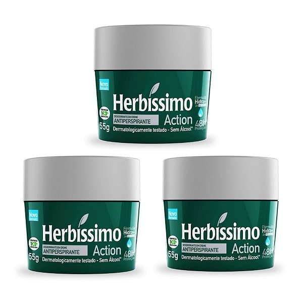 Kit 3 Desodorante Creme Herbissimo Action Antitranspirante 55g