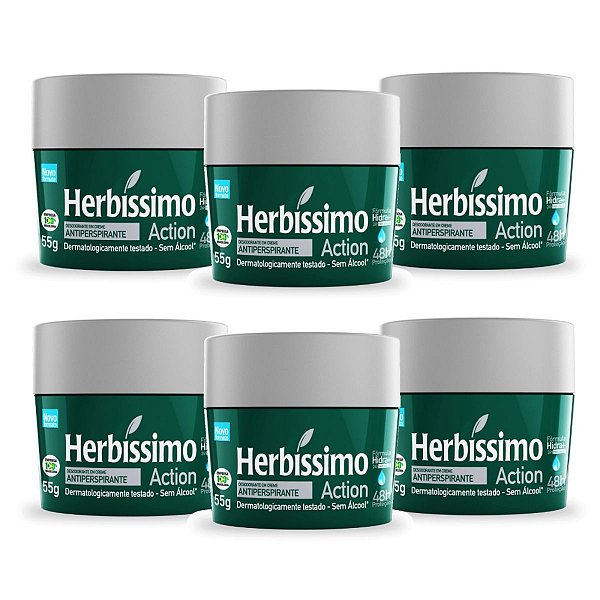 Kit 6 Desodorante Creme Herbissimo Action Antitranspirante 55g