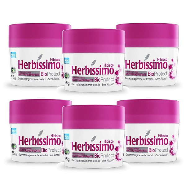 Kit 6 Desodorante Creme Herbissimo Bioprotect Hibisco Antitranspirante 55g