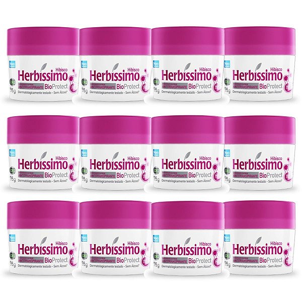 Kit 12 Desodorante Creme Herbissimo Bioprotect Hibisco Antitranspirante 55g