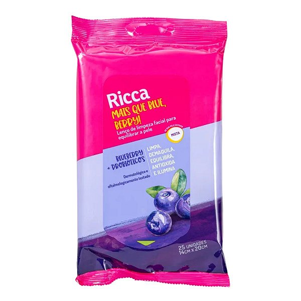 Lenço de Limpeza Facial Ricca Mais Que Blue, Berry! 25 Unidades