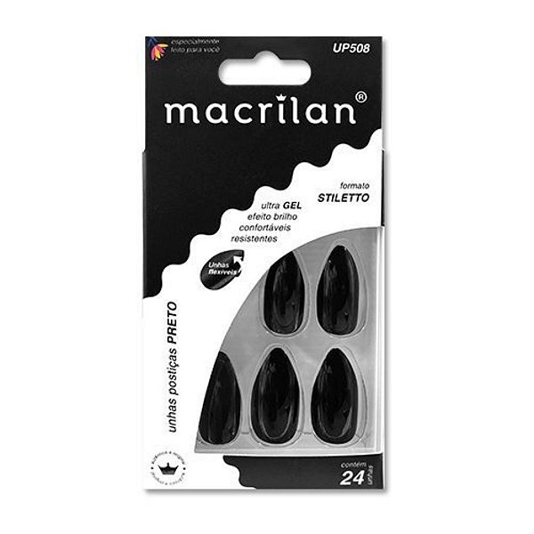 Unhas Postiças Preto Stiletto Macrilan Up508