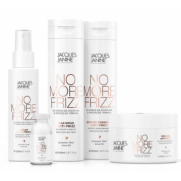 Kit Jacques Janine No More Frizz: Shampoo, Condicionador, Máscara 240g, Leave-in, Spray 120ml e Ampola