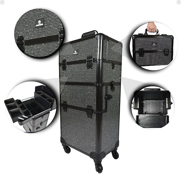 Maleta Carrinho 2 em 1 Klass Vough 2 Andares 4 Rodinhas Preta com Strass DB-913T-BL