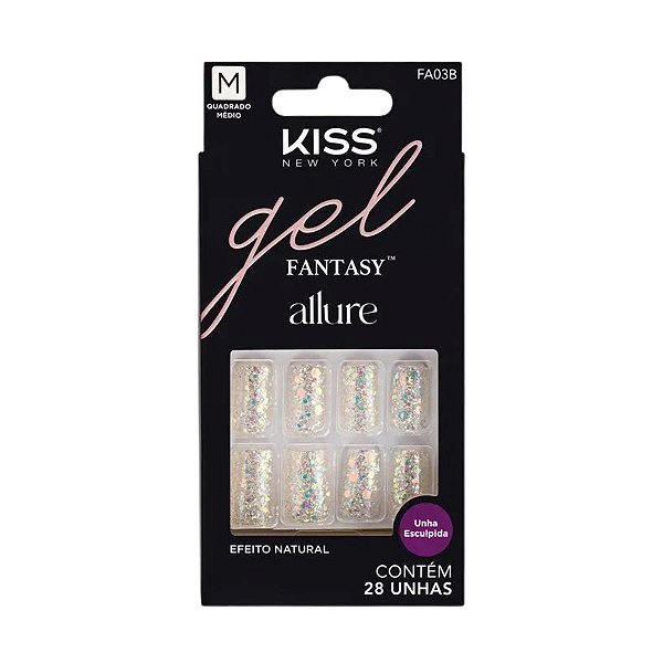 Unhas Postiças Kiss New York Gel Fantasy Allure Quadrado Médio C/28un Fa03b