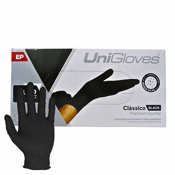 Luva Com Pó Unigloves Clássico Black Tam:ep C/100un Preta