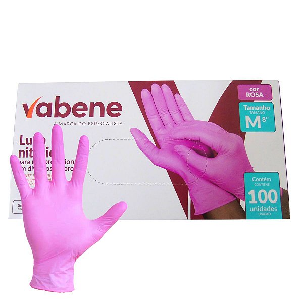 Luvas Nitrílicas Vabene Sem Pó Tam:m Com 100 Uni Rosa