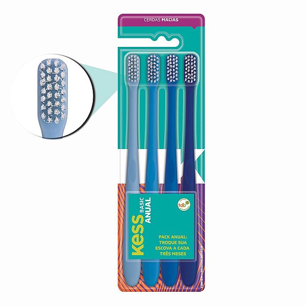 Kit Escova Dental Kess Basic Anual Cores Sortidas Cód.2102 Com 4