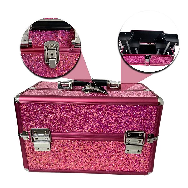Maleta de Maquiagem Cisne Linha Shine Pink Glitter e Rosa Csn-5160B