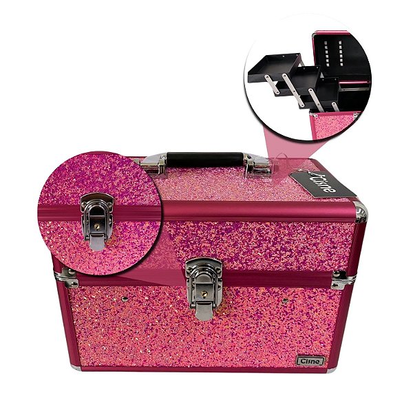 Maleta de Maquiagem Cisne Linha Shine Pink Glitter e Rosa Csn-5153B