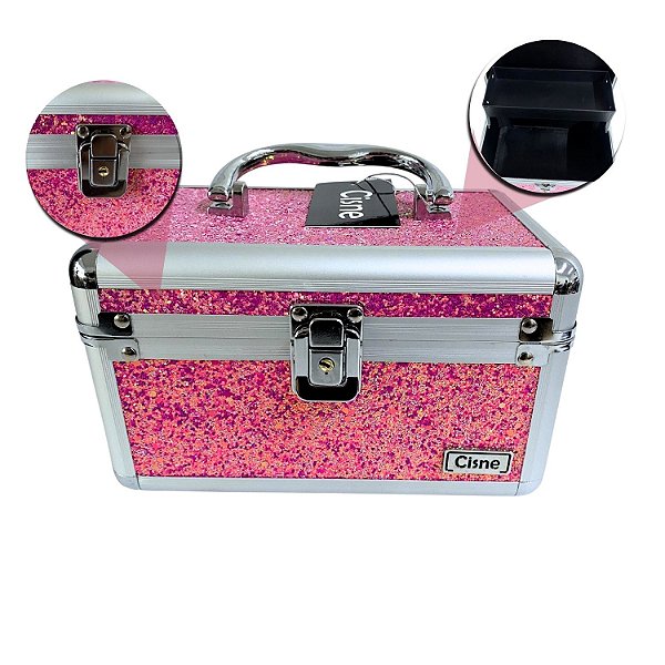 Maleta de Maquiagem Cisne Linha Shine Pink Glitter e Prata Csn-5120B