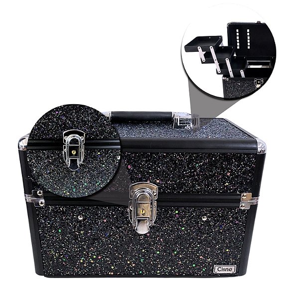 Maleta de Maquiagem Cisne Linha Shine Preto e Preto Csn-5153B