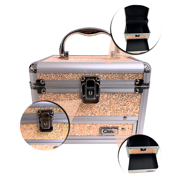 Maleta de Maquiagem Cisne Linha Shine Salmão Glitter e Prata Csn-5122B
