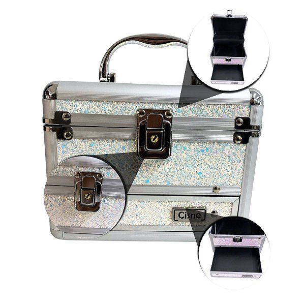 Maleta de Maquiagem Cisne Linha Shine Branco Glitter e Prata Csn-5122B