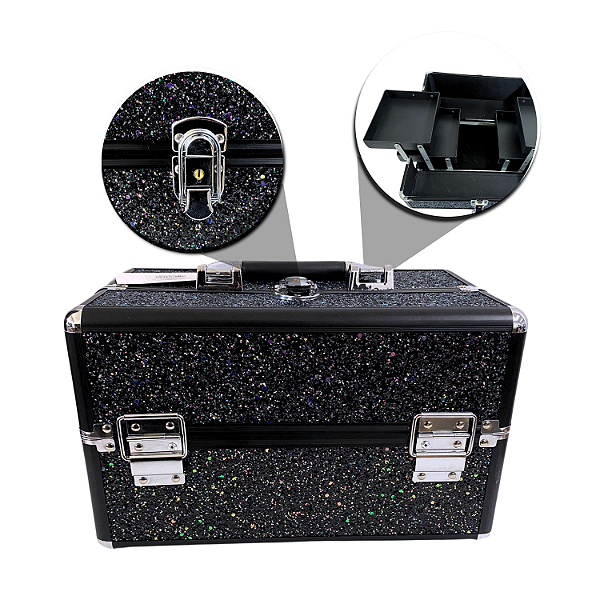 Maleta de Maquiagem Cisne Linha Shine Preto Glitter e Preto Csn-5160B