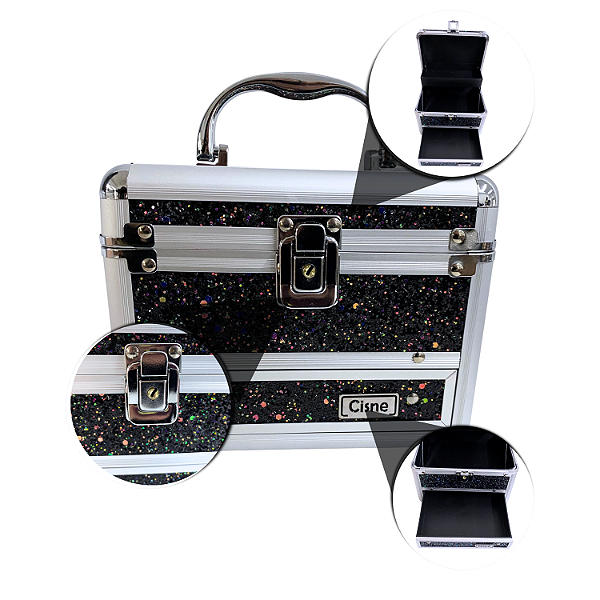 Maleta de Maquiagem Cisne Linha Shine Preto Glitter e Prata Csn-5122B