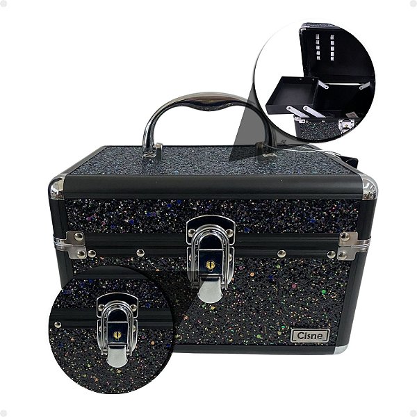 Maleta de Maquiagem Cisne Linha Shine Preto Glitter e Preto Csn-5131B