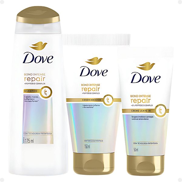 Kit Dove Bond Intense: Shampoo 350ml, Condicionador 250ml, e Leave-In