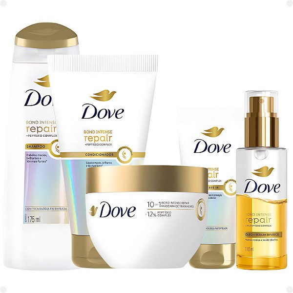 Kit Dove Bond Intense Repair Completo: Shampoo 175ml, Condicionador 150ml, Máscara, Leave-In e Óleo Sérum Bifásico