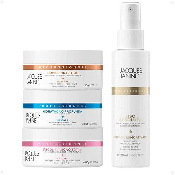 Kit Jacques Janine: 01 Fluido Liso absoluto e 03 Máscaras Cronograma 80g