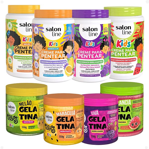 Kit Completo Salon Line Kids: 4 Cremes e 4 Gelatinas Melão, Maracujá, Uva e Melancia